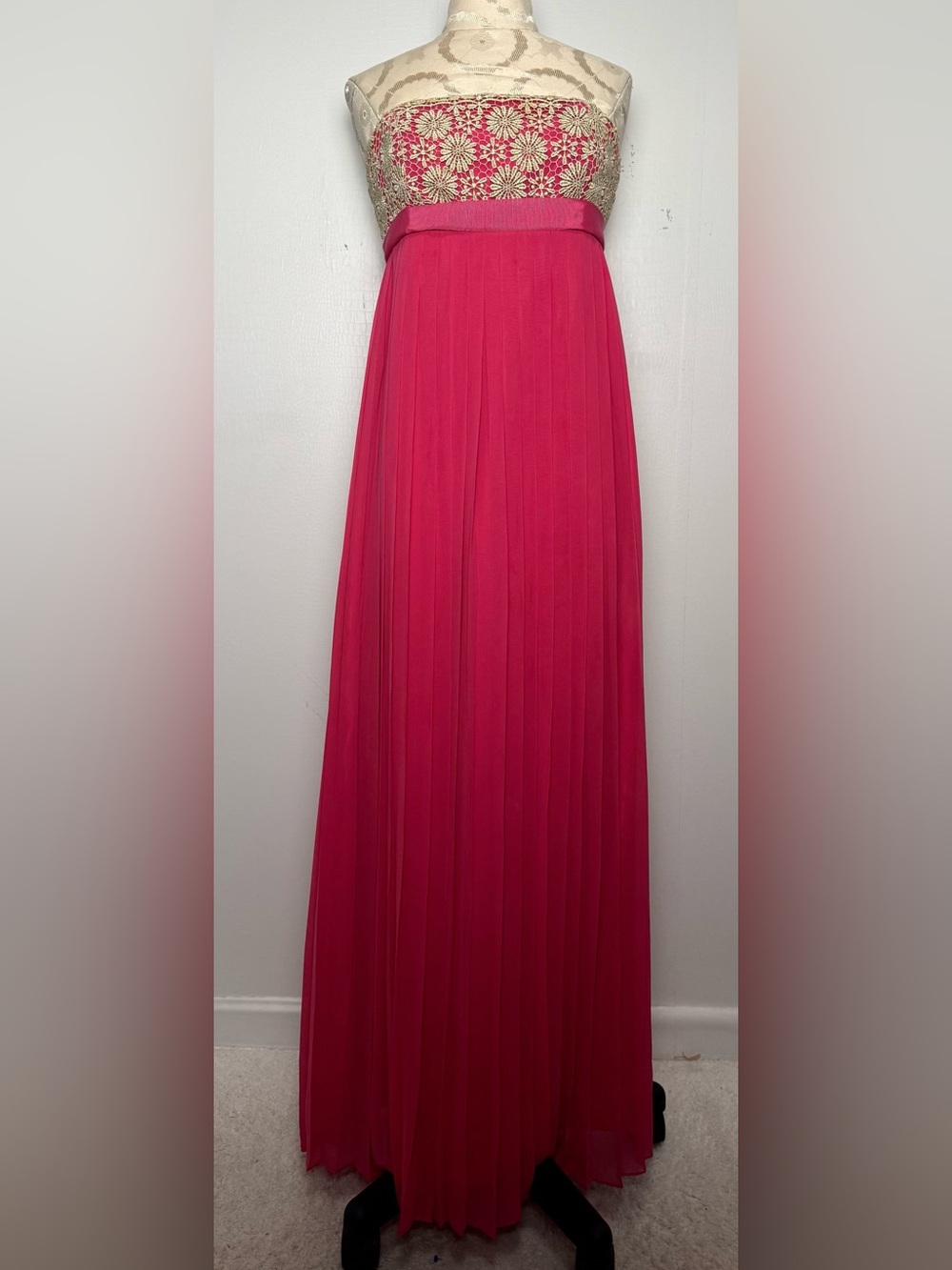 Lilly Pulitzer Pink Pleated Strapless Gold Lace Formal Gown Sz S - Picture 2 of 16